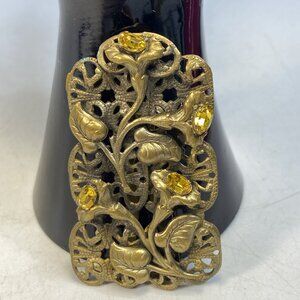Antique Art Nouveau Fur Clip Dress Pin Filigree Goldtone Floral Rhinestone